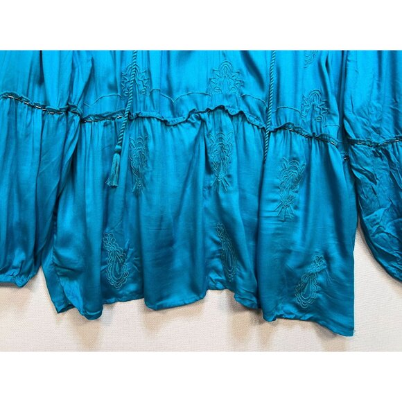 Lane Bryant Womens Boho Peasant Tunic Blouse Size 26/28 Teal Blue Tie Neck - Picture 6 of 11